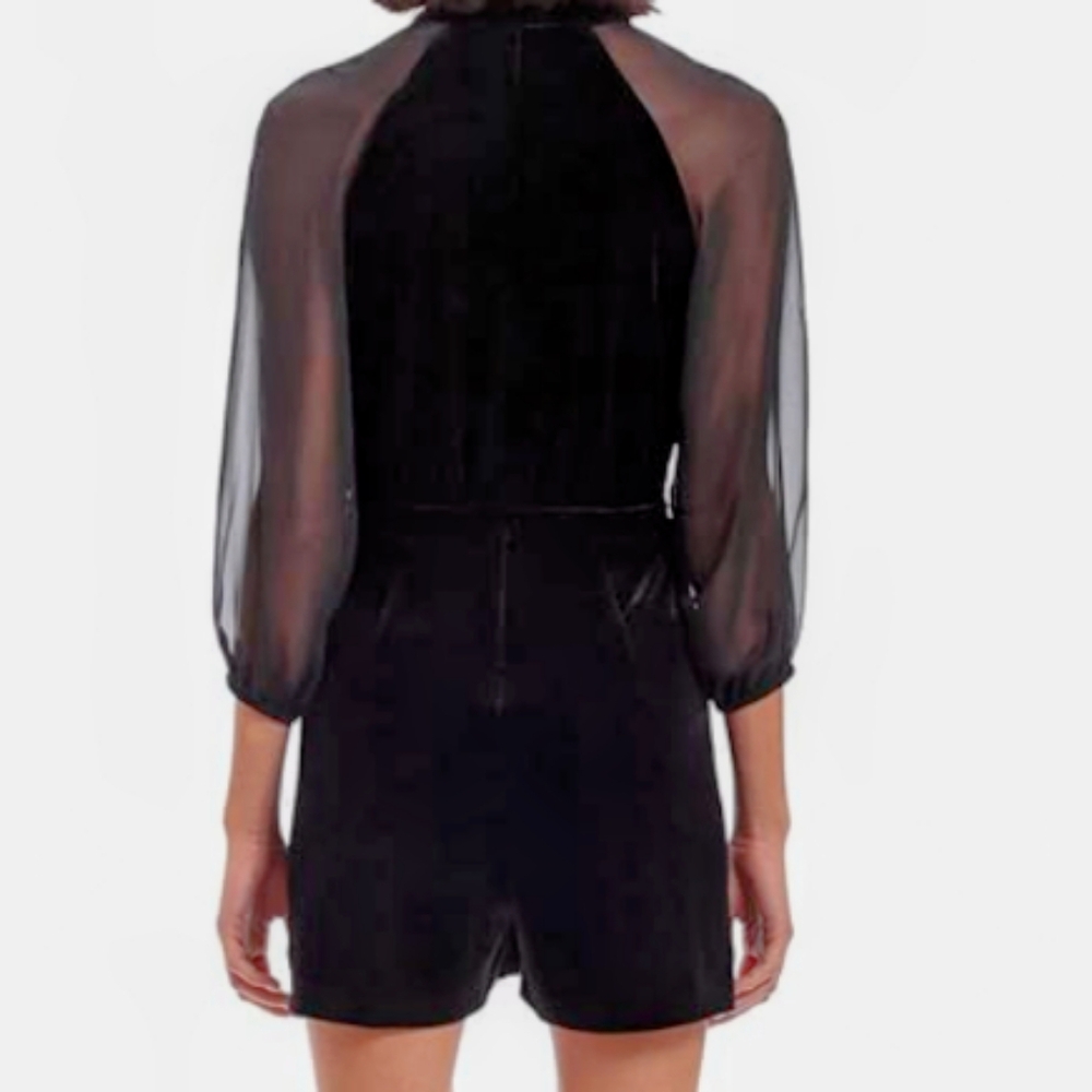 DONNA MORGAN Size 12 Black Stretch Velvet Short Romper Sheer Sleeve Long Sleeve - Picture 5 of 10